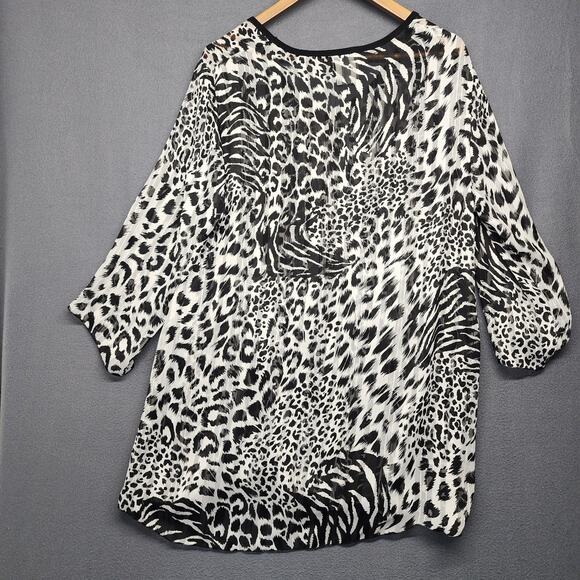 Vintage Gitane Top Women XL Black White Semi Sheer Animal Print Made in Canada - Picture 2 of 9